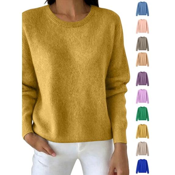 Xaqiouau Women's Crew Neck Knit Pullover Sweater Solid Color Long Sleeve Straight Fit Ribbed Trim Basic Winter Top Casual Warm Everyday Wear Yellow S