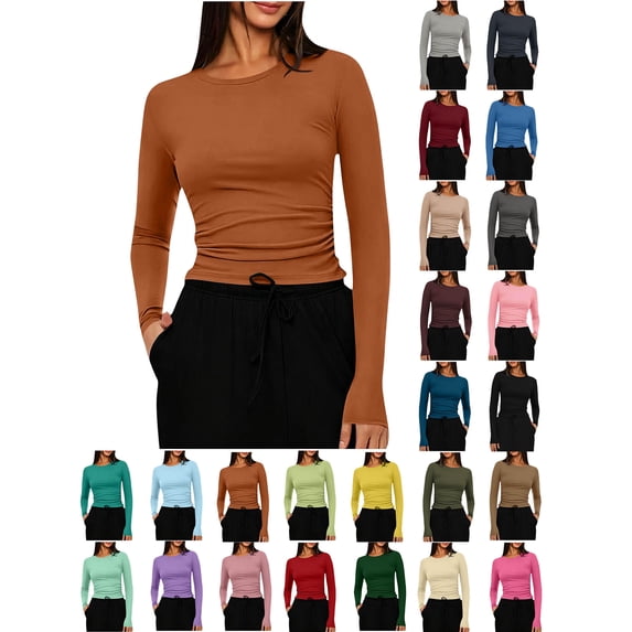 Xaqiouau Women's Crew Neck Long Sleeve Slim Fit Basic Top Solid Color Stretch T Shirt Casual Pullover Tee Fall Winter Everyday Wear Essential Layering Brown L