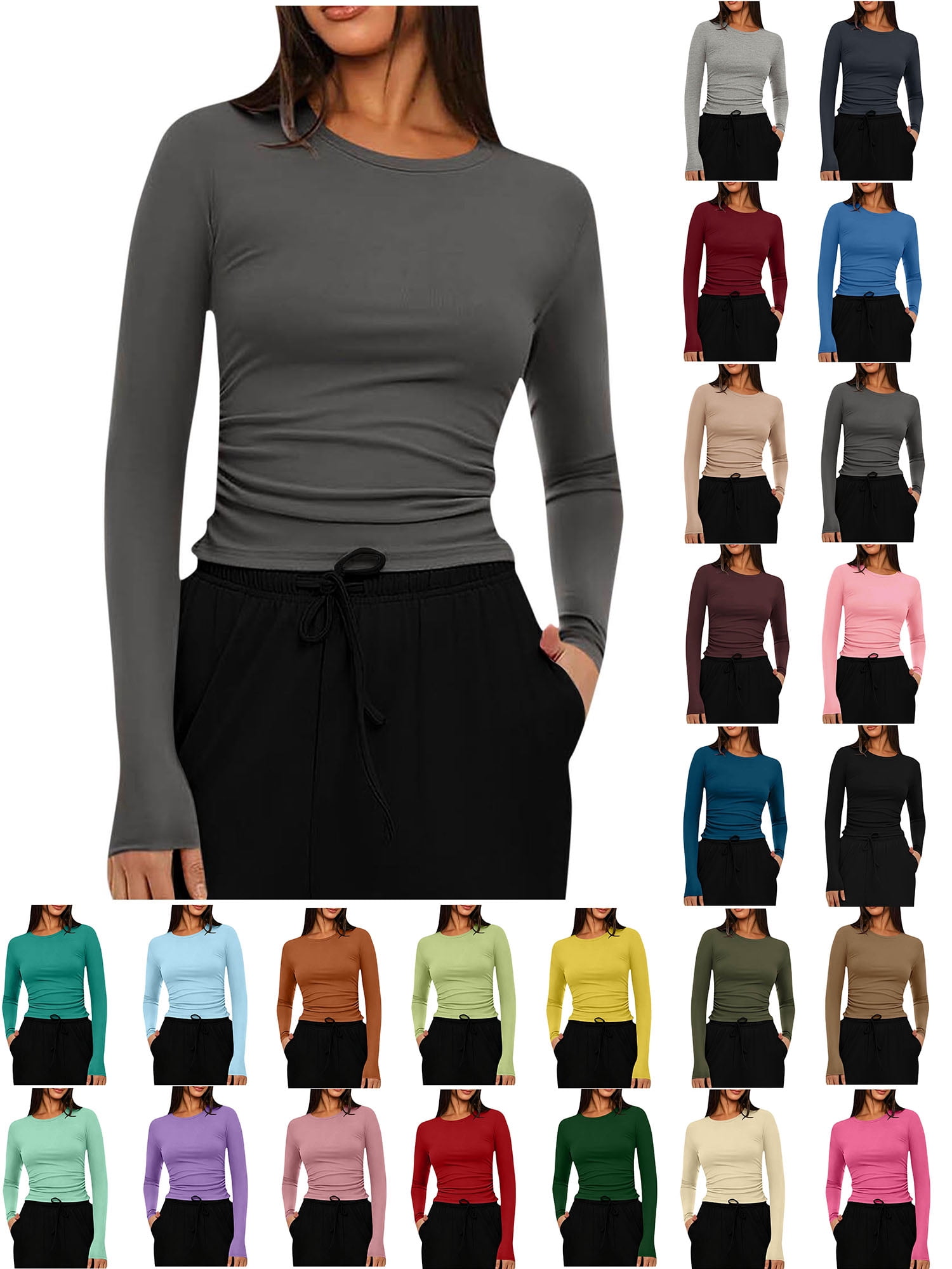 Xaqiouau Women's Crew Neck Long Sleeve Slim Fit Basic Top Solid Color ...