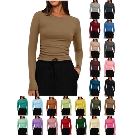Ywyfzly Women's Crew Neck Long Sleeve Slim Fit Basic Top Solid Color Stretch T Shirt Casual Pullover Tee Fall Winter Everyday Wear Essential Layering Khaki XL