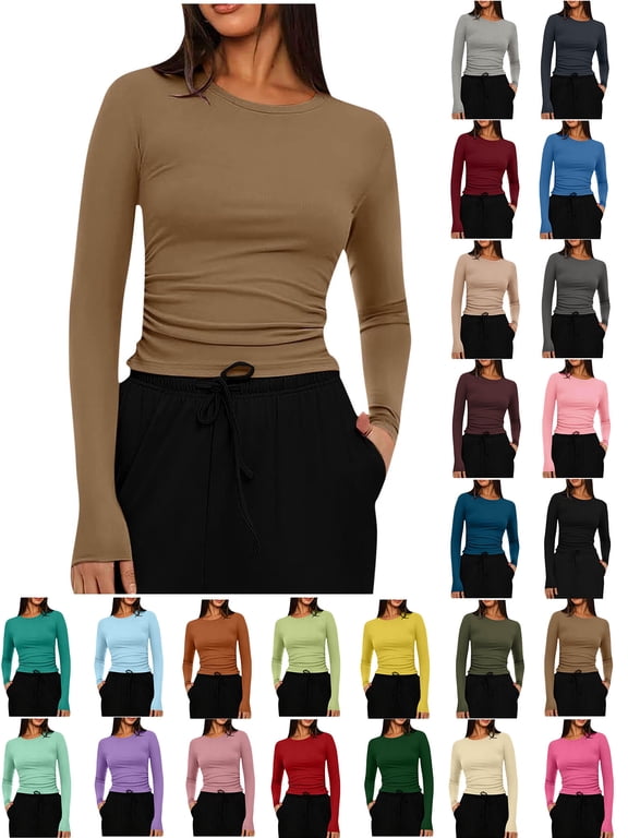Women's Crew Neck Long Sleeve Slim Fit Basic Top Solid Color Stretch T Shirt Casual Pullover Tee Fall Winter Everyday Wear Essential Layering Khaki XL