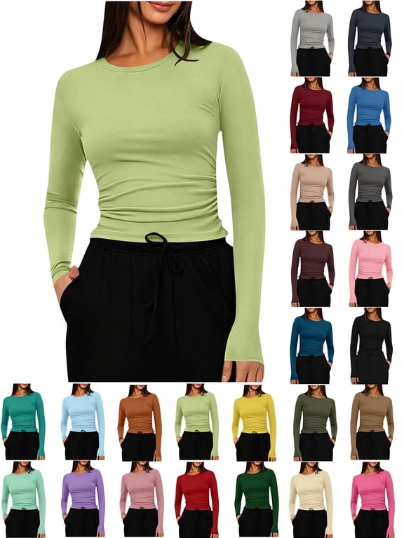 Women's Crew Neck Long Sleeve Slim Fit Basic Top Solid Color Stretch T Shirt Casual Pullover Tee Fall Winter Everyday Wear Essential Layering Mint Green L
