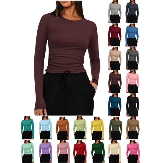 Xaqiouau Women's Crew Neck Long Sleeve Slim Fit Basic Top Solid Color Stretch T Shirt Casual Pullover Tee Fall Winter Everyday Wear Essential Layering Purple M