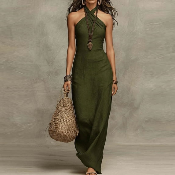 Xaqiouau Women's Crisscross Halter Neck Maxi Dress Sleeveless Linen Blend Bodycon Summer Beach Casual Party Dress