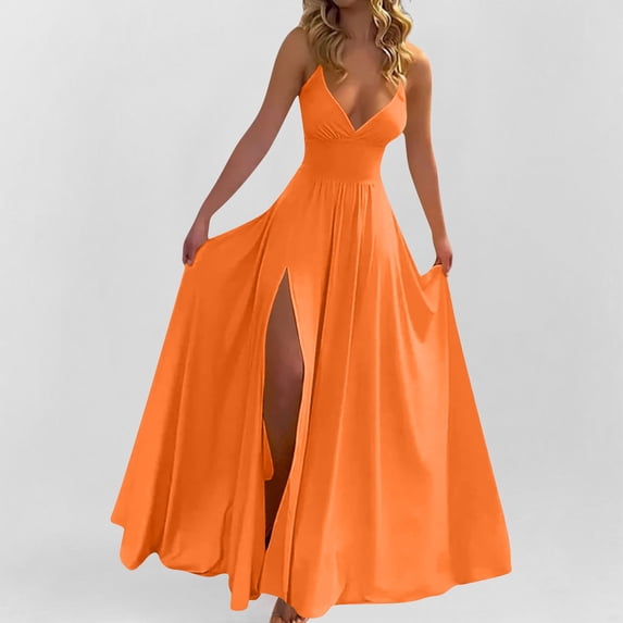 Xaqiouau Women's Elegant Spaghetti Straps Deep V Neck Backless High Slit Floor-Length Maxi Dress Soft Flowy A-Line Formal Evening Gown for Prom Party Wedding Guest Cocktail