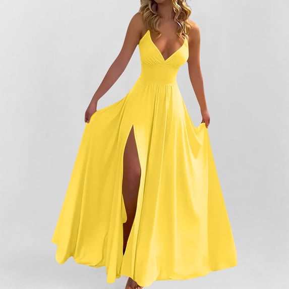 Xaqiouau Women's Elegant Spaghetti Straps Deep V Neck Backless High Slit Floor-Length Maxi Dress Soft Flowy A-Line Formal Evening Gown for Prom Party Wedding Guest Cocktail