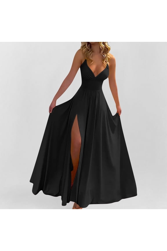 Women's Elegant Spaghetti Straps Deep V Neck Backless High Slit Floor-Length Maxi Dress Soft Flowy A-Line Formal Evening Gown for Prom Party Wedding Guest Cocktail