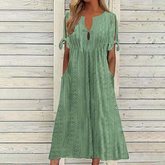 Xaqiouau Women's Eyelet Embroidered Keyhole Neck Cold Shoulder Tie Sleeve Loose Midi Dress with Pockets Casual Summer Beach Sundress