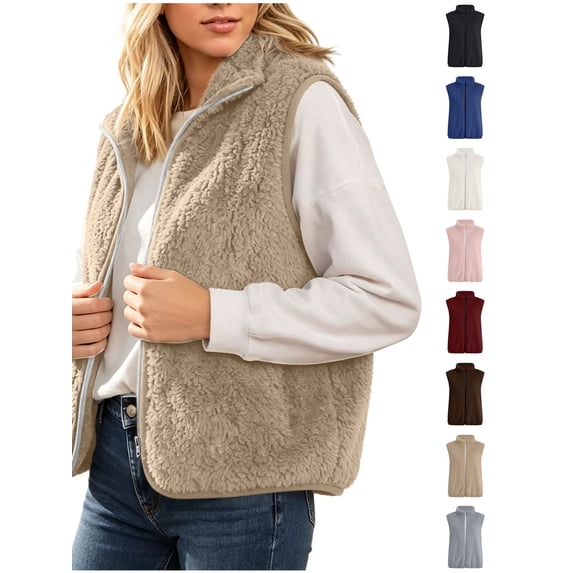 Xaqiouau Women's Fleece Vest Sleeveless Zip Up Sherpa Jacket Solid Color Casual Cozy Layering Outerwear with Stand Collar Fall Winter Warm Gilet Khaki XXL