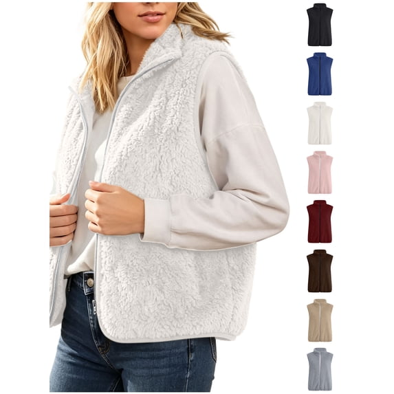 Xaqiouau Women's Fleece Vest Sleeveless Zip Up Sherpa Jacket Solid Color Casual Cozy Layering Outerwear with Stand Collar Fall Winter Warm Gilet White S