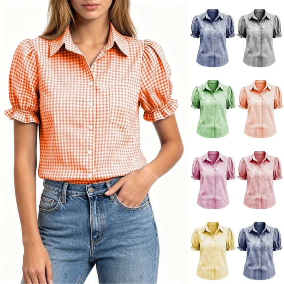 Xaqiouau Women's Gingham Check Puff Short Sleeve Button Down Shirts With Chest Pocket Casual Summer Polyester Spandex Blouses Orange M