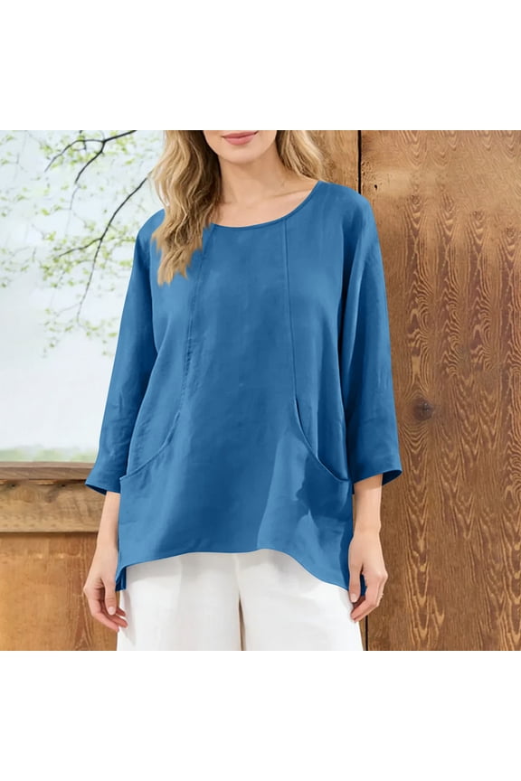 Women's Linen Woven Round Neck 3/4 Sleeve Tops With Side Pockets Casual Loose Blouses For Daily Office And Weekend Wear