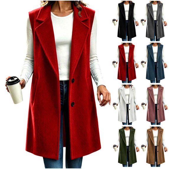 Xaqiouau Women's Long Sleeveless Trench Coat Lapel Collar Open Front Vest Jacket Casual Button Down Lightweight Duster Waistcoat Outerwear with Pockets