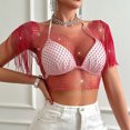 thumbnail image 1 of Xaqiouau Women's Mesh Rhinestone Fringe Sleeve Cover Up Party Club Wear Sparkly Beaded Netting Garment Long Sleeve Open Shoulder Blouse Layering Piece for Evening Dance Outfit Style, 1 of 8