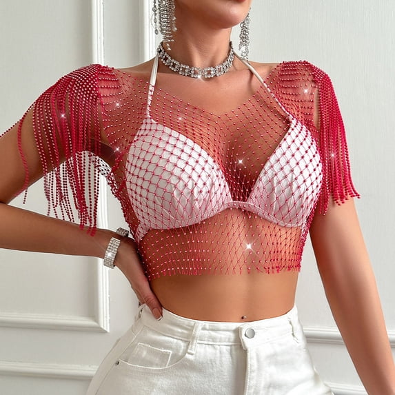 Xaqiouau Women's Mesh Rhinestone Fringe Sleeve Cover Up Party Club Wear Sparkly Beaded Netting Garment Long Sleeve Open Shoulder Blouse Layering Piece for Evening Dance Outfit Style