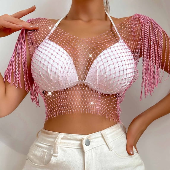 Xaqiouau Women's Mesh Rhinestone Fringe Sleeve Cover Up Party Club Wear Sparkly Beaded Netting Garment Long Sleeve Open Shoulder Blouse Layering Piece for Evening Dance Outfit Style