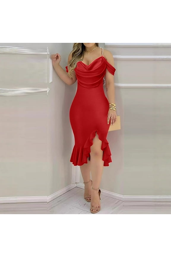 Women's Off Shoulder Ruffle Hem Bodycon Midi Dress V Neck Solid Evening Cocktail Formal Gown Elegant Summer Fall Fashion