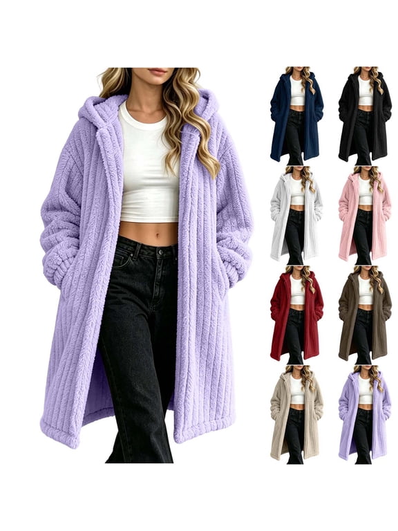 Women's Oversized Sherpa Fleece Hooded Cardigan Open Front Long Plush Coat Warm Fuzzy Jacket with Pockets Winter Outerwear