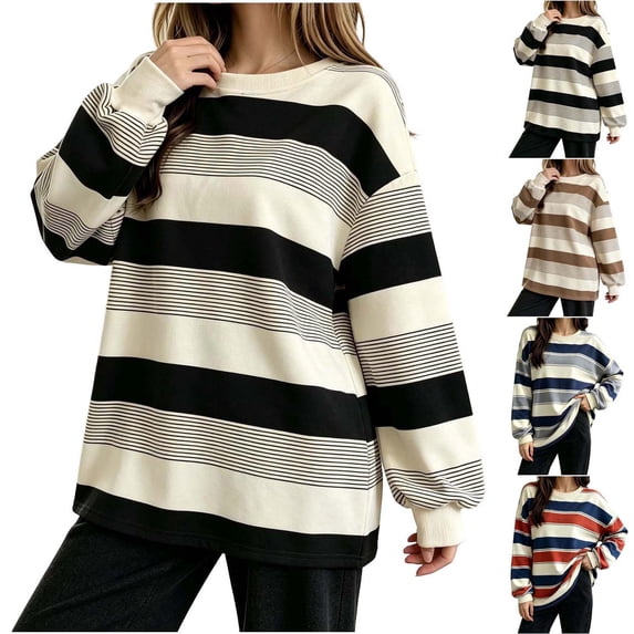 Xaqiouau Women's Pajama Tops Long Sleeve Striped Sleep Shirt Crew Neck Loose Fit Lightweight Casual Lounge Tops Soft Pullover Shirts for Women