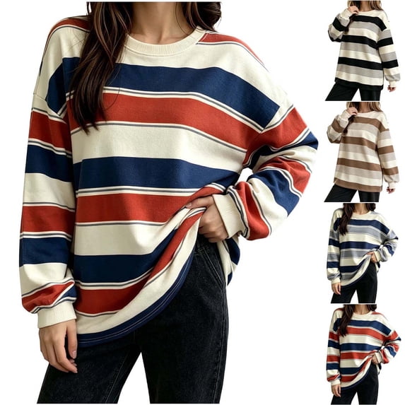 Xaqiouau Women's Pajama Tops Long Sleeve Striped Sleep Shirt Crew Neck Loose Fit Lightweight Casual Lounge Tops Soft Pullover Shirts for Women