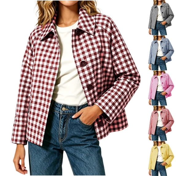 Xaqiouau Women's Plaid Jacket Button Down Long Sleeve Shirt Jacket Casual Gingham Shacket Lightweight Collared Coat Spring Fall Outerwear