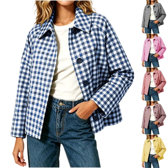 Xaqiouau Women's Plaid Jacket Button Down Long Sleeve Shirt Jacket Casual Gingham Shacket Lightweight Collared Coat Spring Fall Outerwear