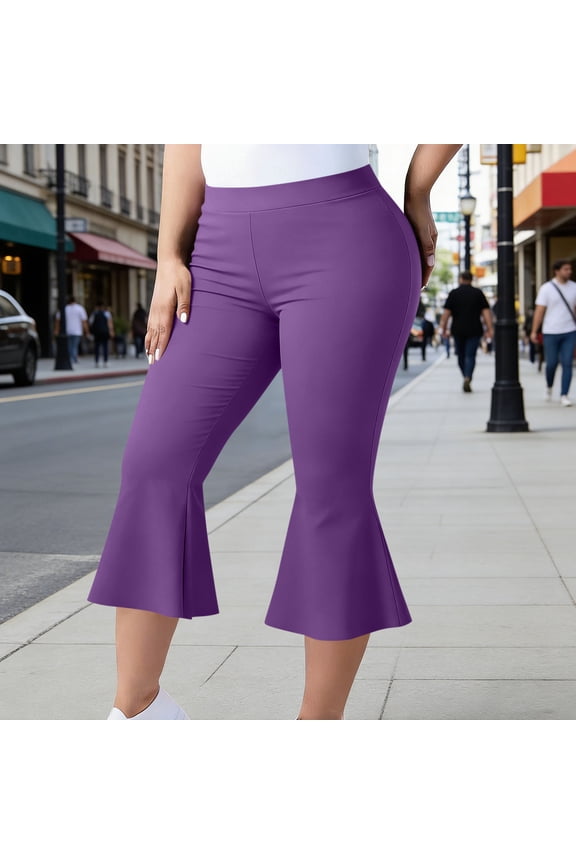 Women's Plus Size Elastic Waist Flare Capri Length Pants Solid Color Breathable Polyester Blend Yoga Casual Summer Wear Purple XXL