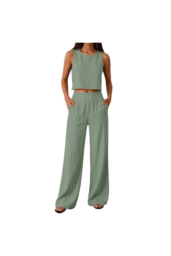 Women's Plus Size Friendly Soft Cotton‑Linen Blend Crew‑Neck Cropped Sleeveless Tank Top Side Pocket Wide Leg Long Pants 72 Piece Casual Vacation Outfit Sets Army Green L