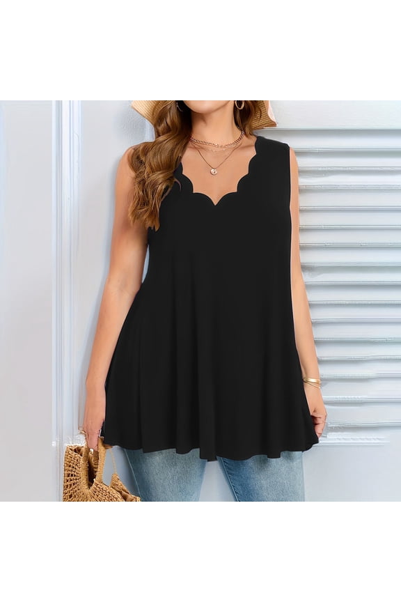 Women's Plus Size V-Neck Sleeveless Tank Top Loose Fit Polyester Blend breathable Summer Casual Blouse Black XXXL
