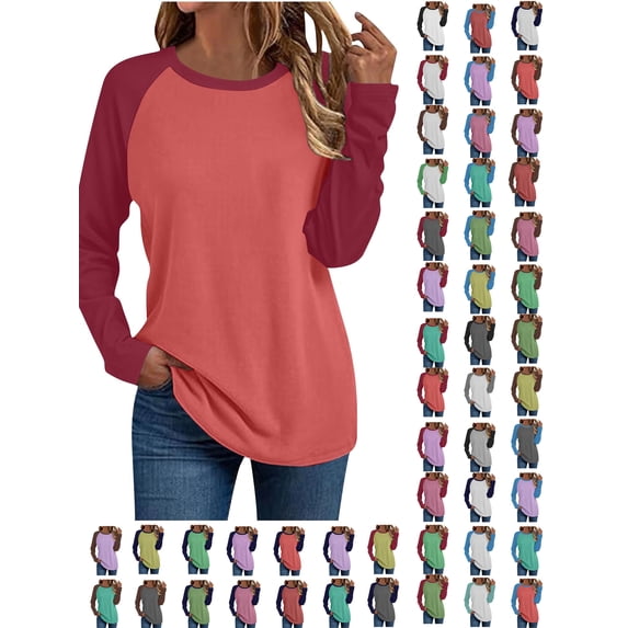 Xaqiouau Women's Raglan Sleeve T-Shirt Long Sleeve Crew Neck Colorblock Baseball Tee Casual Soft Stretchable Top Spring Fall Everyday Wear Red M