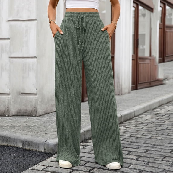 Xaqiouau Women's Ribbed Knit Wide Leg Pants – High Waist Drawstring Casual Trousers with Pockets, Multi-Color Options