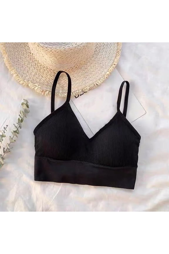 Women's Ribbed V Neck Bralettes Thin Strap Solid Color Everyday Bras For Daily All Day Wear