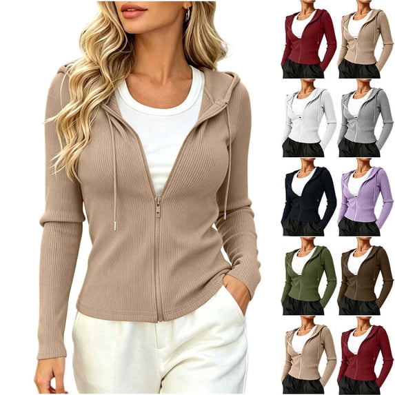 Xaqiouau Women's Ribbed Zip Up Hoodie Slim Fit Long Sleeve Hooded Jacket Lightweight Stretch Knit Full Zip Sweatshirt Casual Fall Winter Outerwear
