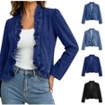 thumbnail image 1 of Xaqiouau Women's Ruffled Trim Open Front Denim Cardigan Long Sleeve Cropped Jean Jacket Slim Fit Casual Outerwear Vintage Style Spring Fall Top Blue XL, 1 of 9