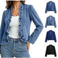 thumbnail image 1 of Xaqiouau Women's Ruffled Trim Open Front Denim Cardigan Long Sleeve Cropped Jean Jacket Slim Fit Casual Outerwear Vintage Style Spring Fall Top Light Blue XXL, 1 of 9