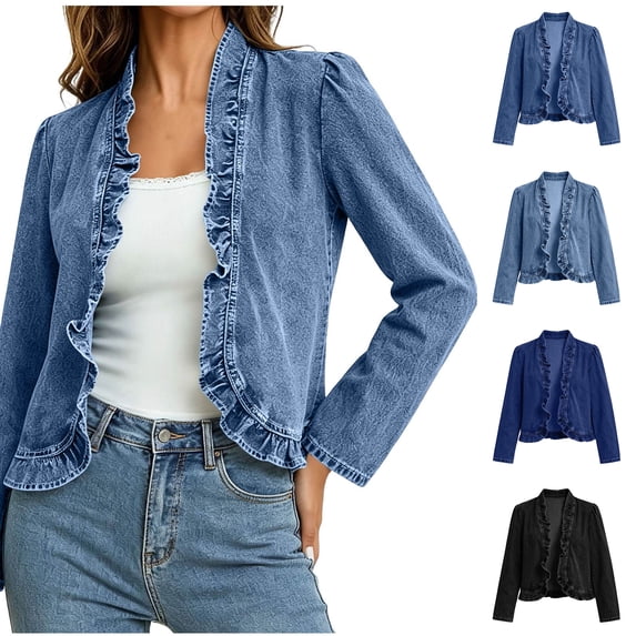 Xaqiouau Women's Ruffled Trim Open Front Denim Cardigan Long Sleeve Cropped Jean Jacket Slim Fit Casual Outerwear Vintage Style Spring Fall Top Light Blue XXL