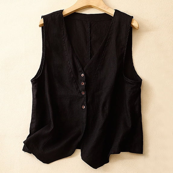 Xaqiouau Women's Sleeveless V Neck Linen Vest Button Front Loose Lightweight Breathable Natural Linen Fabric Waistcoat Casual Blazer Vest Versatile Comfortable Stylish Linen Outerwear
