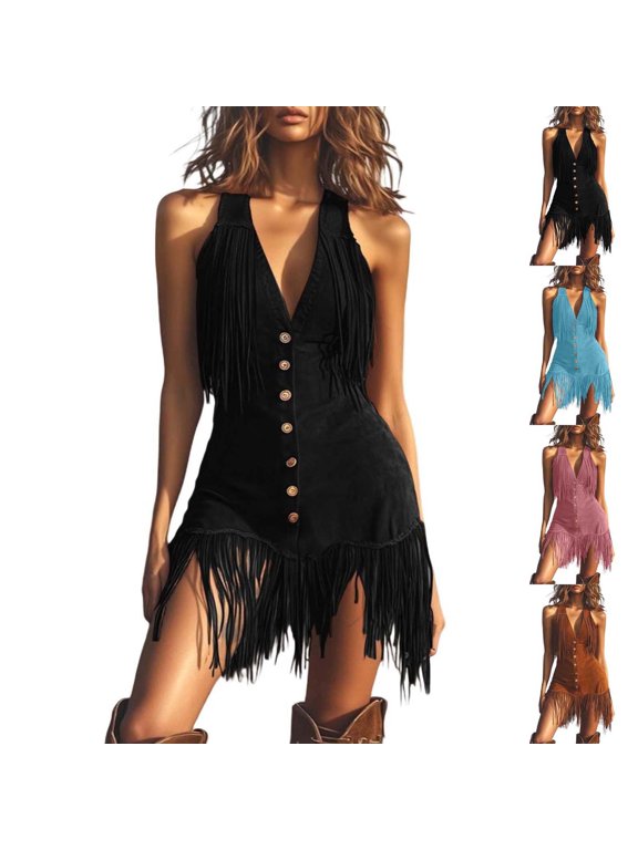 Women's Soft Textured Fringe Detail V Neck Sleeveless Button Down Bodycon Mini Dress for Western Festival Concert Music Event Party Vacation Casual Daily Wear