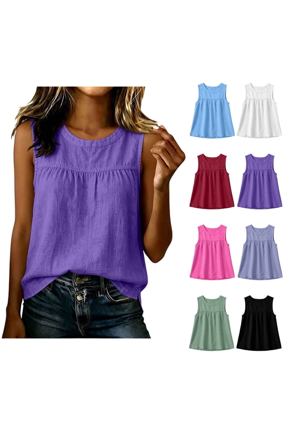 Women's Solid Color Lightweight Cotton Linen Blend Crew Neck Sleeveless Tank Top With Gathered Bust Relaxed Fit Blouse For Casual Outings Purple XXXL
