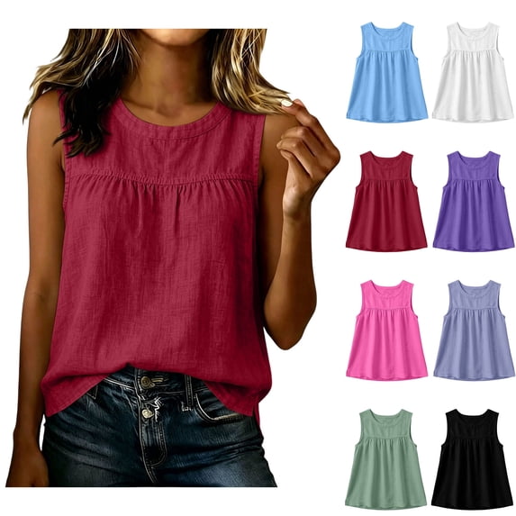 Xaqiouau Women's Solid Color Lightweight Cotton Linen Blend Crew Neck Sleeveless Tank Top With Gathered Bust Relaxed Fit Blouse For Casual Outings Red XXL