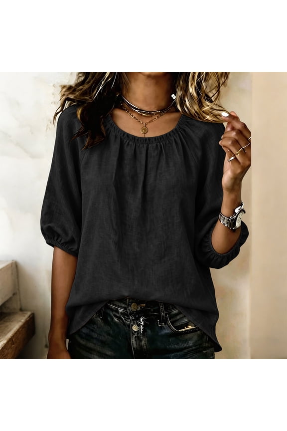 Women's Solid Color Round Neck Gathered Elbow Sleeve Top Nylon Spandex Blend Lightweight Breathable Casual Blouse Summer Daily Wear Black XXXXXL