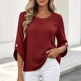 thumbnail image 1 of Xaqiouau Women's Solid Color Round Neck Three-Quarter Sleeve Pullover Linen Blend Lightweight Breathable Summer Casual Blouse Wine XL, 1 of 7