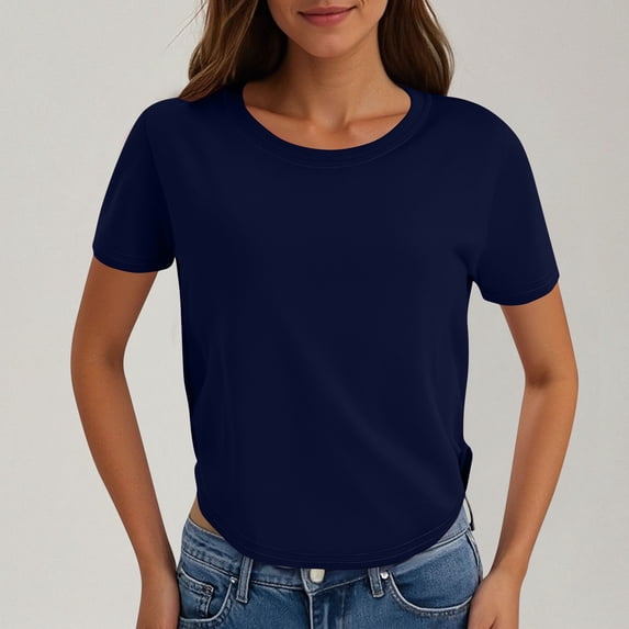 Xaqiouau Women's Solid Crew Neck Short Sleeve T Shirt Curved Hem Side Slit Casual Loose Fit Basic Tees Stretchy Versatile Summer Tops