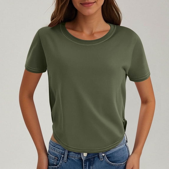 Xaqiouau Women's Solid Crew Neck Short Sleeve T Shirt Curved Hem Side Slit Casual Loose Fit Basic Tees Stretchy Versatile Summer Tops