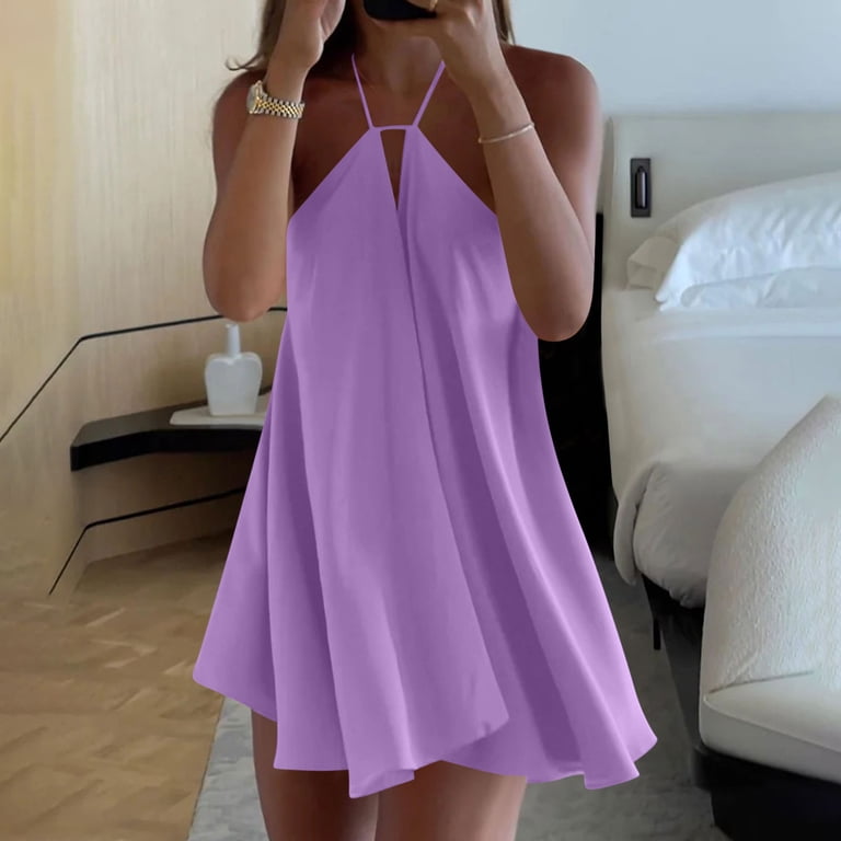 loose flowy short dresses Xaqiouau Women's Solid Halter Neck Swing Mini Dress Casual Sleeveless Beach Summer Dress for Vacation Daily Wear, Size: Large Girls21