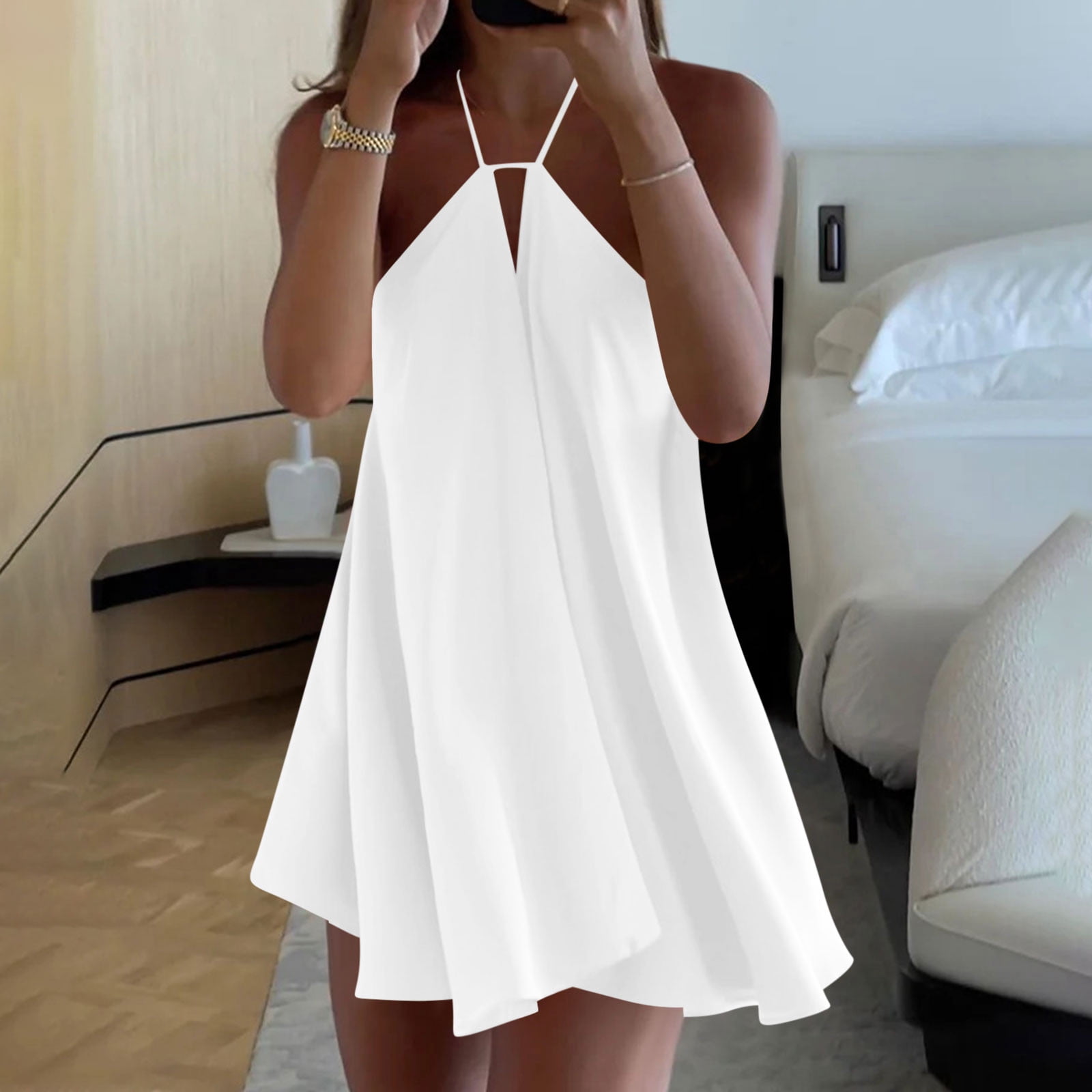 floral midi dress wedding guest ZAPAKA Women White Blue Flower with Streamer Convertible One Shoulder A-Line Print Tea-Length Dress, White Blue Flower touch polyester with a Short Green Satin Prom Size:Classic XXL Transitional Wardrobe CLP