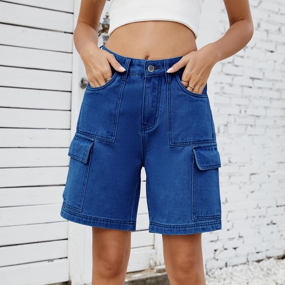 Xaqiouau Women's Solid High Waisted Denim Cargo Shorts with Pockets Loose Fit Casual Summer Daily Wear Streetwear Jean Shorts
