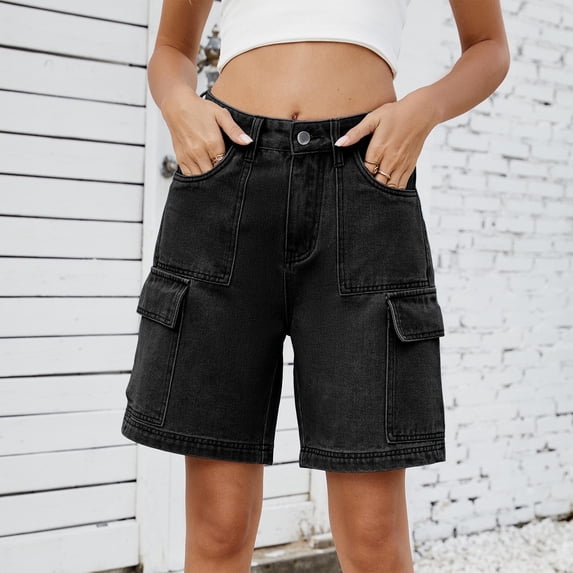 Xaqiouau Women's Solid High Waisted Denim Cargo Shorts with Pockets Loose Fit Casual Summer Daily Wear Streetwear Jean Shorts