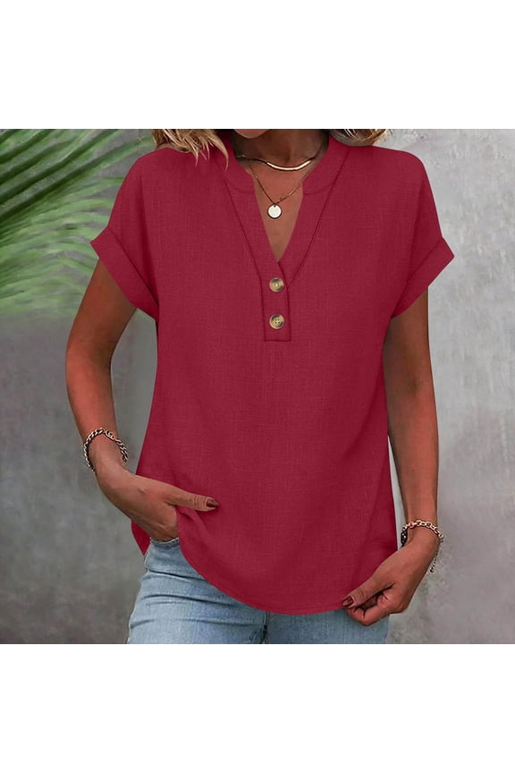 Women's Stand Collar V Neck Half Button Front Rolled Cuff Short Sleeve Top Linen-Like Texture Casual Daily Wear Garment
