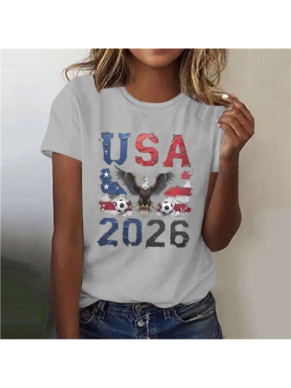 Women's Stretchy Soft Poly‑Cotton Blend Crew Neck Short Sleeve Loose Fit 2026 USA Eagle Flag Soccer US‑Canada‑Mexico International Football Sports Fan T‑Shirts Gray L